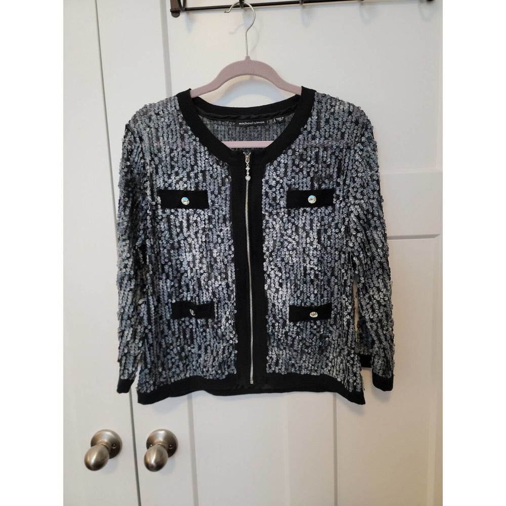 Michael Simon Sheer Black Jacket, Gray & White Sequins & Rhinestones XL, Holiday